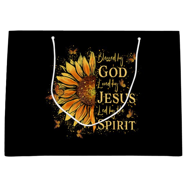 Blessed By God - Loved By Jesus, Sunflower Large Gift Bag (Front)