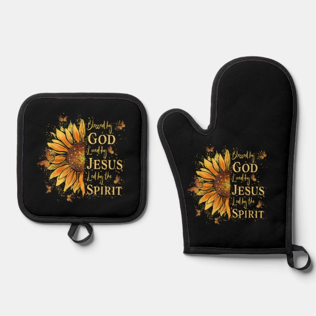 Blessed By God - Loved By Jesus, Sunflower Oven Mitt & Pot Holder Set (Front)