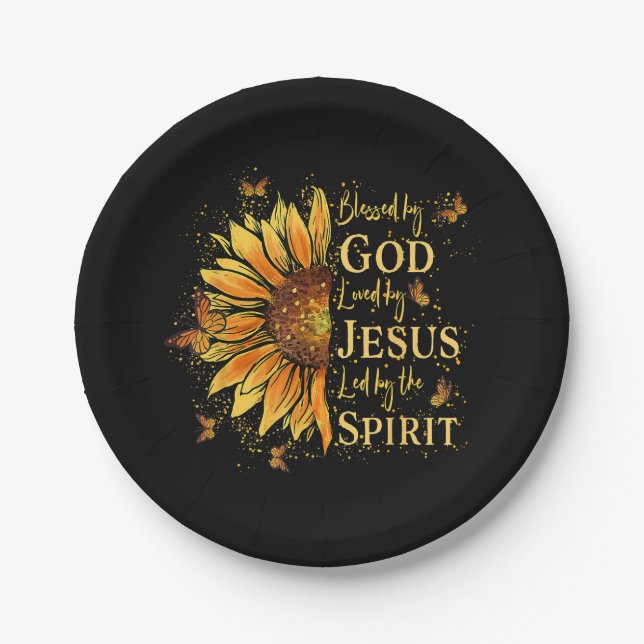 Blessed By God - Loved By Jesus, Sunflower Paper Plate (Front)