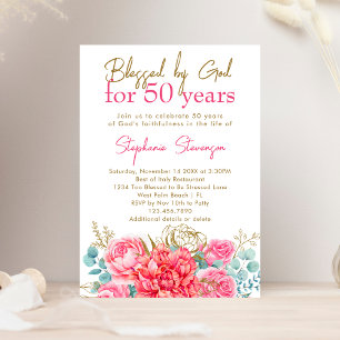 Blessed by God Pink Floral Christian 50th Birthday Invitation