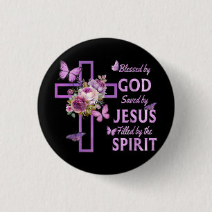 Blessed by God Saved by Jesus Purple Floral Cross 3 Cm Round Badge