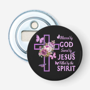 Blessed by God Saved by Jesus Purple Floral Cross Bottle Opener