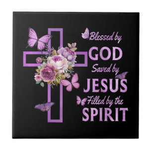 Blessed by God Saved by Jesus Purple Floral Cross  Ceramic Tile