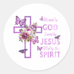Blessed by God Saved by Jesus Purple Floral Cross  Classic Round Sticker
