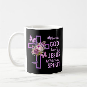 Blessed by God Saved by Jesus Purple Floral Cross Coffee Mug