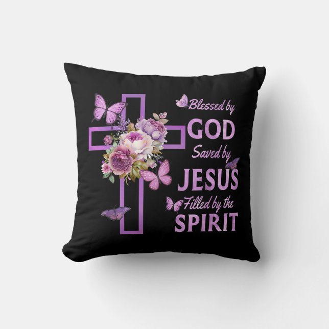 Blessed by God Saved by Jesus Purple Floral Cross  Cushion (Front)