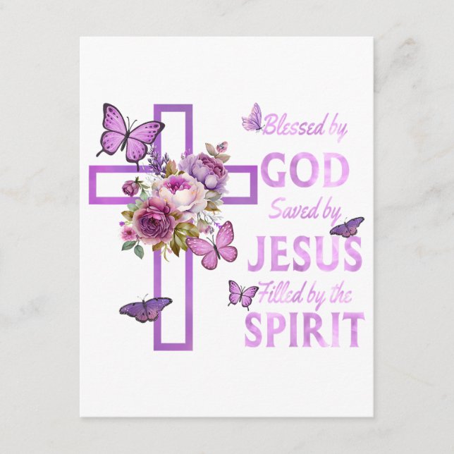 Blessed by God Saved by Jesus Purple Floral Cross  Enclosure Card (Front)