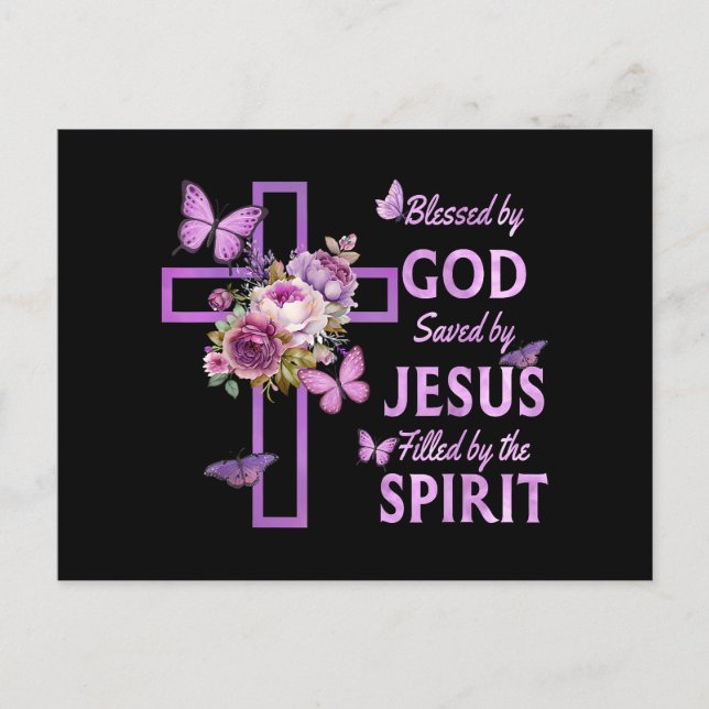 Blessed by God Saved by Jesus Purple Floral Cross  Holiday Postcard (Front)