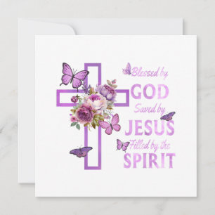 Blessed by God Saved by Jesus Purple Floral Cross Invitation