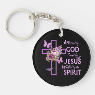 Blessed by God Saved by Jesus Purple Floral Cross  Key Ring