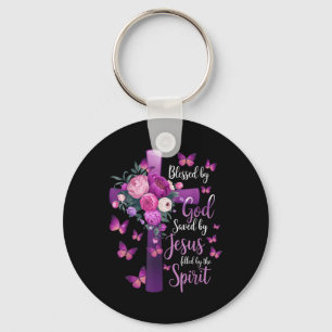 Blessed By God Saved By Jesus Purple Floral Cross Key Ring