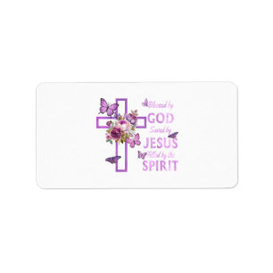 Blessed by God Saved by Jesus Purple Floral Cross Label
