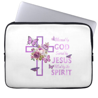 Blessed by God Saved by Jesus Purple Floral Cross  Laptop Sleeve