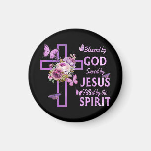 Blessed by God Saved by Jesus Purple Floral Cross Magnet