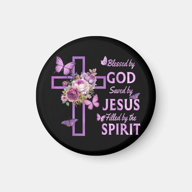 Blessed by God Saved by Jesus Purple Floral Cross  Magnet (Front)