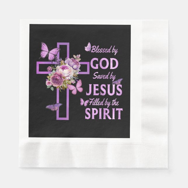 Blessed by God Saved by Jesus Purple Floral Cross  Napkin (Front)