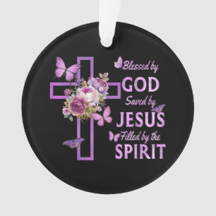 Blessed by God Saved by Jesus Purple Floral Cross  Ornament