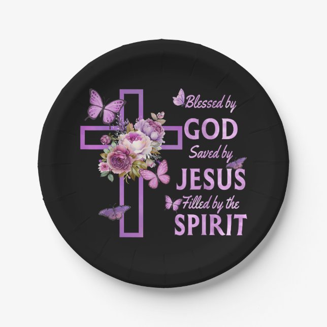 Blessed by God Saved by Jesus Purple Floral Cross  Paper Plate (Front)