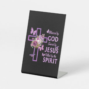 Blessed by God Saved by Jesus Purple Floral Cross Pedestal Sign