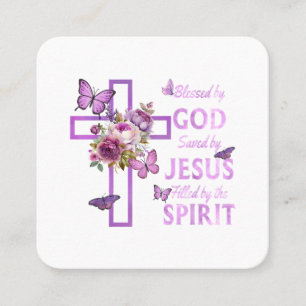 Blessed by God Saved by Jesus Purple Floral Cross  Square Business Card