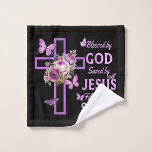 Blessed by God Saved by Jesus Purple Floral Cross Wash Cloth