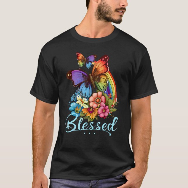 Blessed Christian Butterfly Pretty Floral Rainbow  T-Shirt (Front)