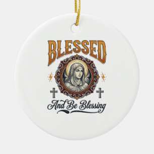 Blessed Christian Vintage Engraving T-Shirt Design Ceramic Ornament