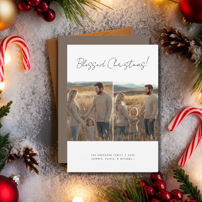 Blessed Christmas Christian Family Photo Grey Holiday Card (Creator Uploaded)