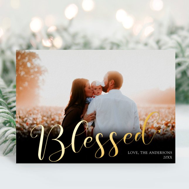 Blessed Christmas Elegant black gold foil photo Foil Holiday Card (Creator Uploaded)