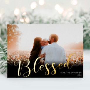 Blessed Christmas Elegant black gold foil photo Holiday Card