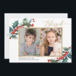 Blessed Christmas holly berry gold two photo card<br><div class="desc">For more advanced customisation of this design,  simply select the "Customise It" button above!</div>