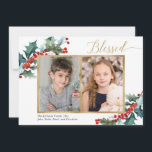 Blessed Christmas holly berry gold two photo card<br><div class="desc">For more advanced customisation of this design,  simply select the "Customise It" button above!</div>