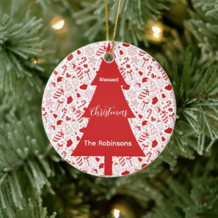 Blessed Christmas Red Christmas Tree Doodle Art Ceramic Ornament