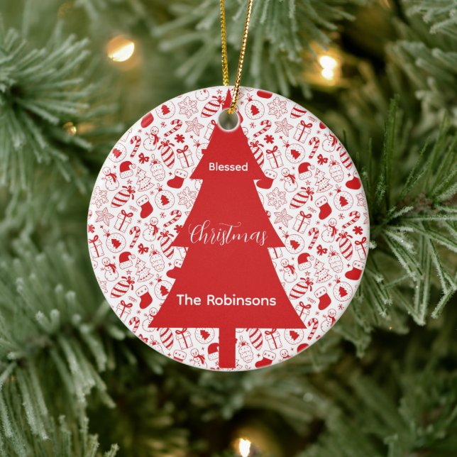 Blessed Christmas Red Christmas Tree Doodle Art Ceramic Ornament (Tree)
