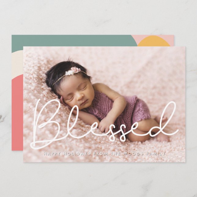 Blessed Cute Script Inspirational Photo Holiday Card (Front/Back)