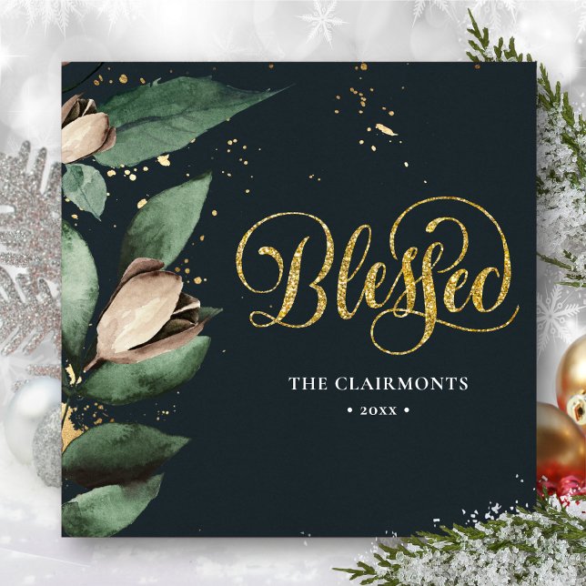 BLESSED | Elegant Magnolia Festive Gold Confetti Holiday Card (Creator Uploaded)