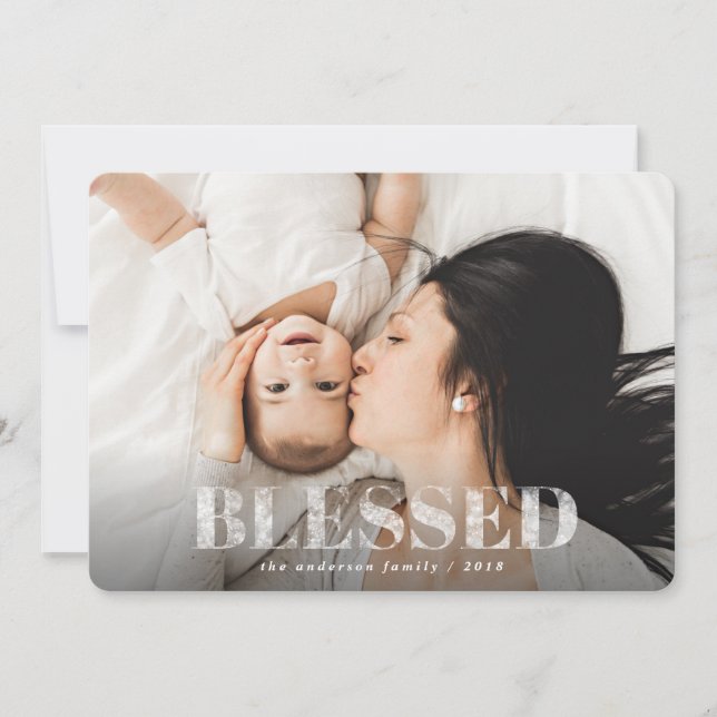 Blessed elegant script christmas photo holiday card (Front)