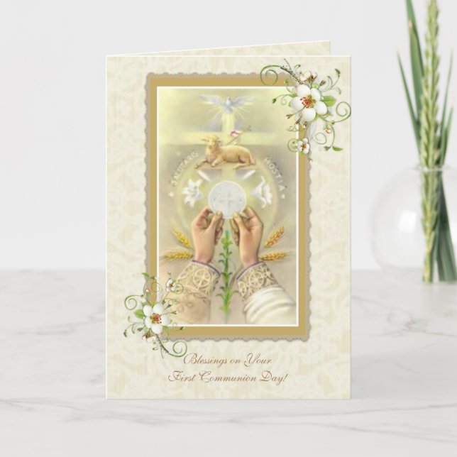 Blessed Eucharist First Holy Communion cross/lamb Card (Front)
