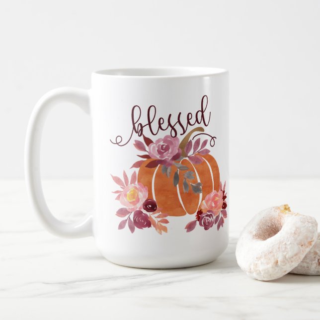 Blessed - Fall Pumpkin with Pink Flowers Coffee Mug (With Donut)