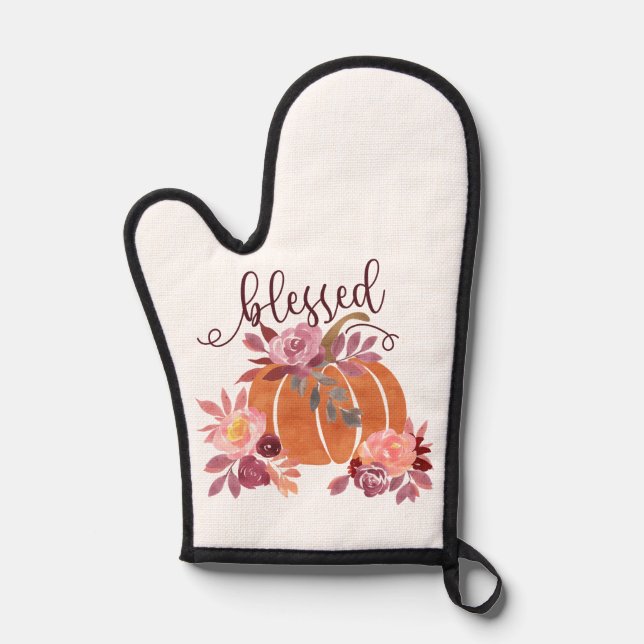 Blessed - Fall Pumpkin with Pink Flowers Oven Mitt (Front)