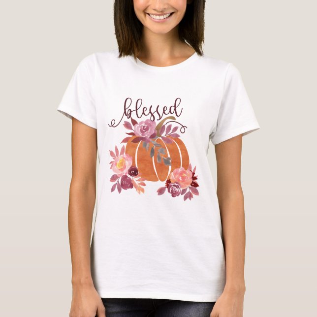 Blessed - Fall Pumpkin with Pink Flowers T-Shirt (Front)