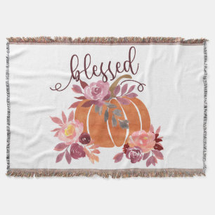 Blessed - Fall Pumpkin with Pink Flowers Throw Blanket