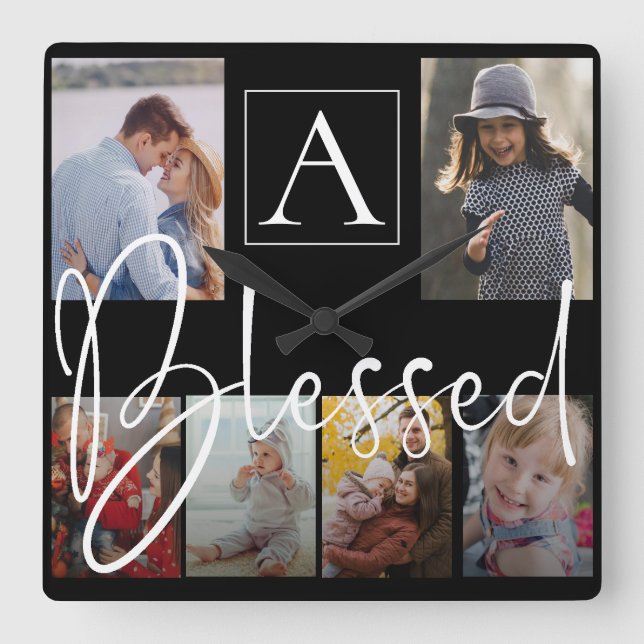Blessed Family Name Script Monogram Photo Collage Square Wall Clock (Front)