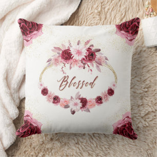 BLESSED Fancy Script Burgundy Floral Gold Wreath Cushion