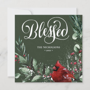 Blessed Festive Green Script Red Berry Pine Bough Holiday Card