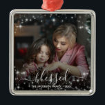 Blessed. Festive Stars Photo Overlay Christmas Metal Ornament<br><div class="desc">This beautiful Christmas ornament features your full frame photo surrounded by a bounty of festive white sparkling stars. The caption reads: blessed - written in elegant handwriting script. There is space for your name and the year. Beautiful as a gift or annual family holiday keepsake or memento.</div>