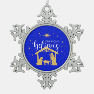 Blessed First Home Christmas Nativity Scene Snowflake Pewter Christmas Ornament