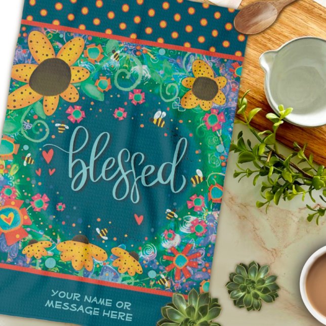Blessed Floral Bees Hearts Fun Quote Name  Tea Towel (Creator Uploaded)