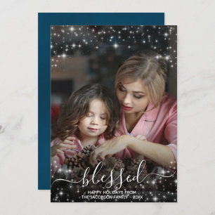 Blessed Full Photo with Sparkles Blue Christmas Holiday Card