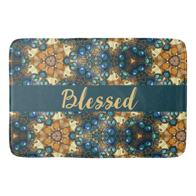 Blessed geometric design blue brown gold  bath mat (Front)